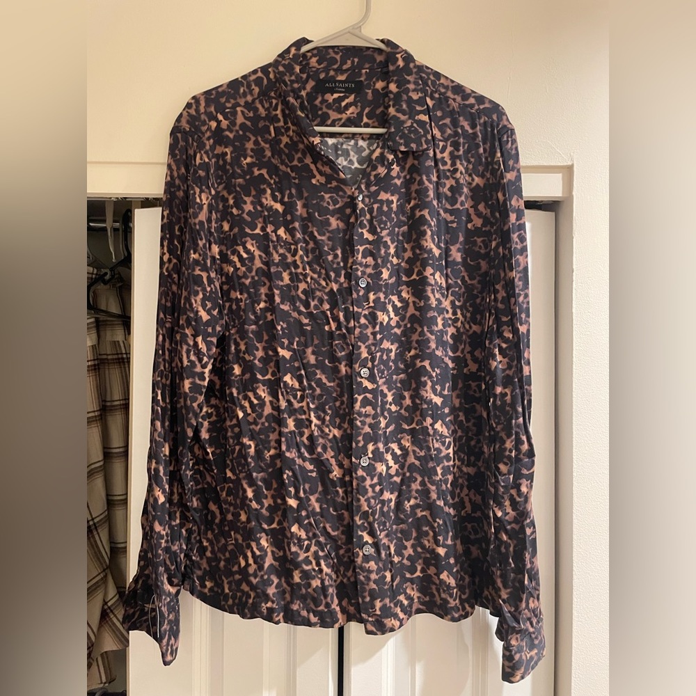 Allsaints Brown Leopard Print Button Down Long Sleeve Shirt XL